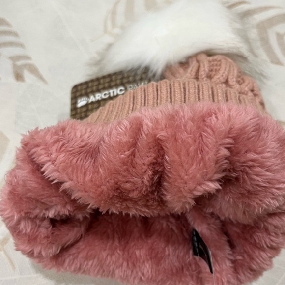 Pink Knit Beanie with Faux Fur Pom - Picture 3 of 3
